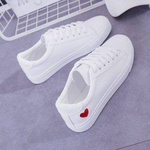 Women Shoes Casual White Sneakers Cute Heart Flats PU