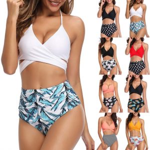 Sexy Halter Bandage Bikinis Set Push Up High Waist Floral Print Brazilian Swimwear 
