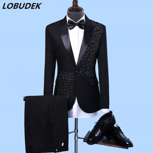 Men's Formal Black White Crystals Slim Blazers Wedding Party Suits