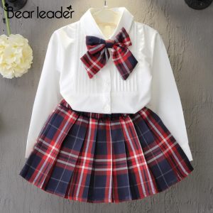 Princess Class Uniforms Kids Girls Bow T-shirt+Plaid Dress